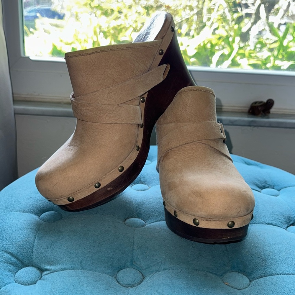 UGG ‘Natalee’ studded wedge leather clog, shearling lining, wood wedge